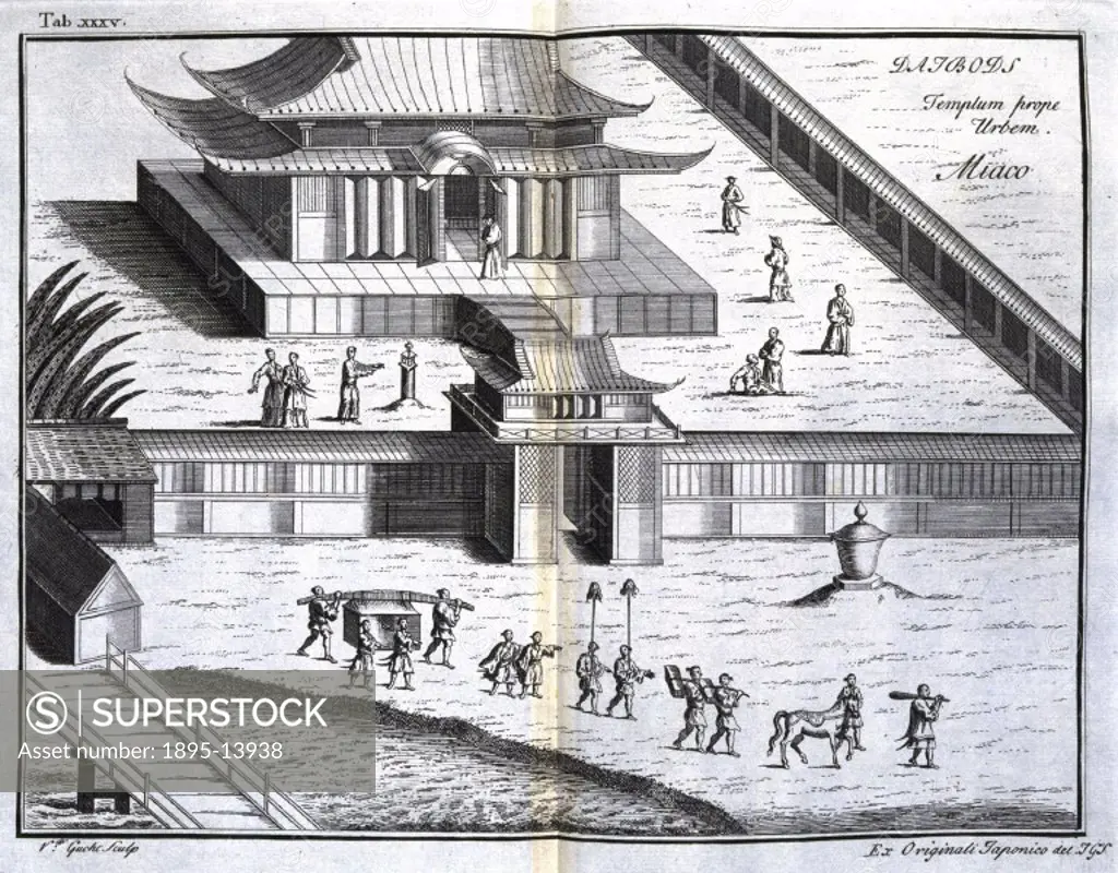 Engraving by G van der Gucht after a drawing by J G Scheuchzer based on a Japanese original. In the foreground is a procession including servants carr...