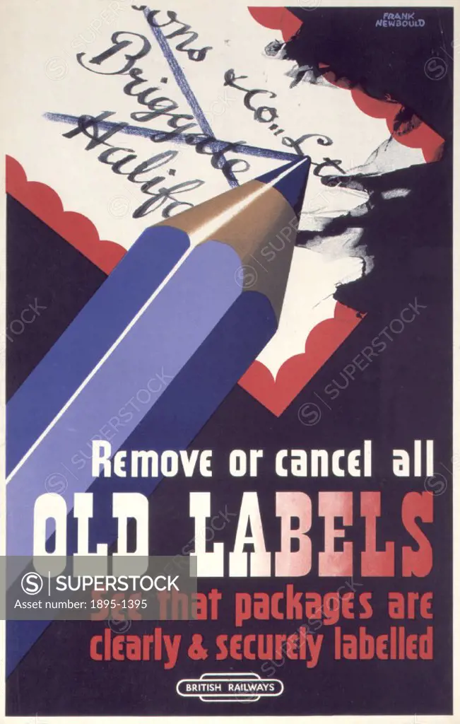 Poster produced for British Railways (BR) staff to remind them to ensure that packages are clearly and securely labelled. Artwork by Frank Newbould (1...