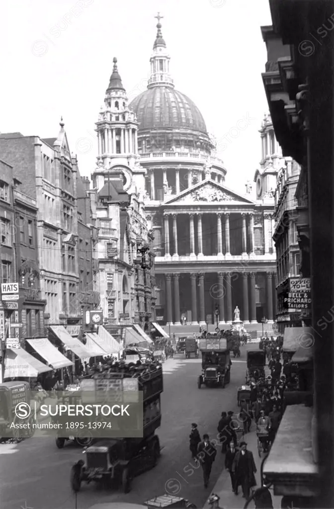 The cathedral seen from Ludgate Hill. The dome was under repair at the time.