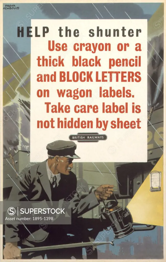 Staff poster produced for British Railways (BR) to remind staff to label train wagons clearly. The poster illustration shows a railway worker with a l...