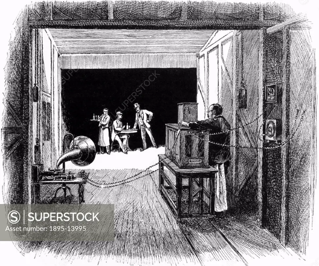 Drawing by E J Meeker of Edison´s ´Black Maria´ studios. This illustration from Century magazine is captioned ´Interior of the Kinetographic Theater, ...