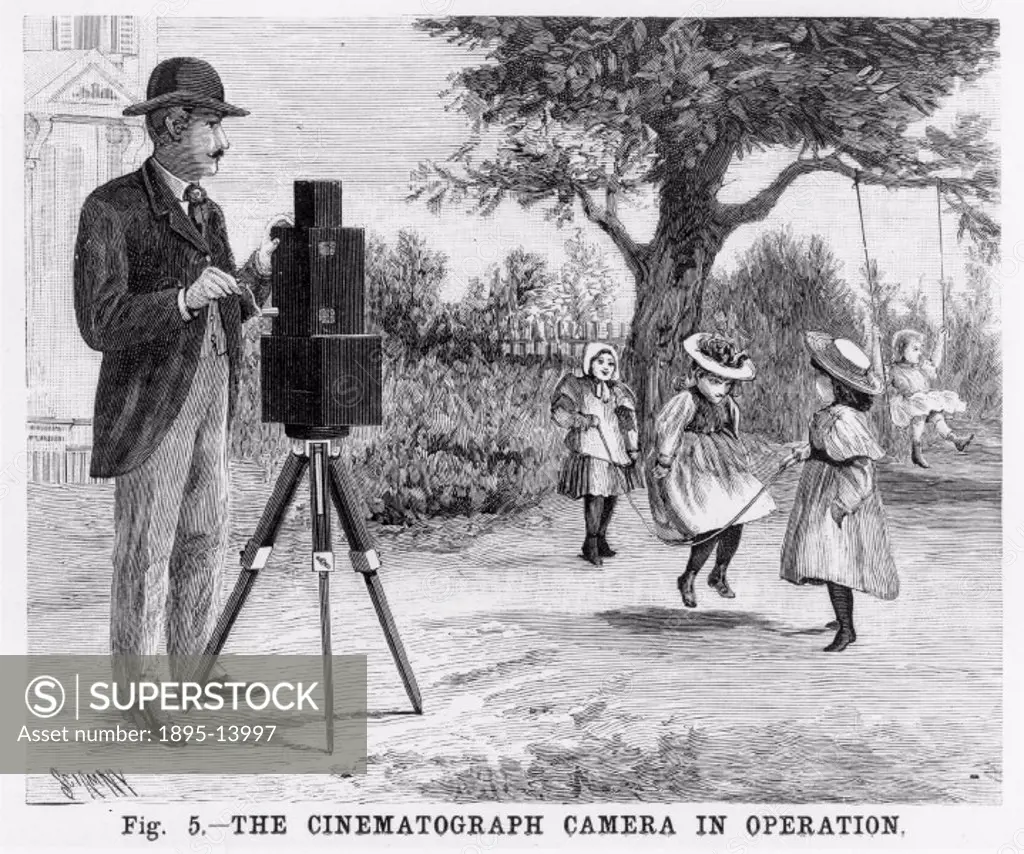 Etching depicting a man filming girls skipping. The cinematographe, invented by Auguste (1862- 1954) and Louis (1864-1948) Lumiere, was a combined cam...