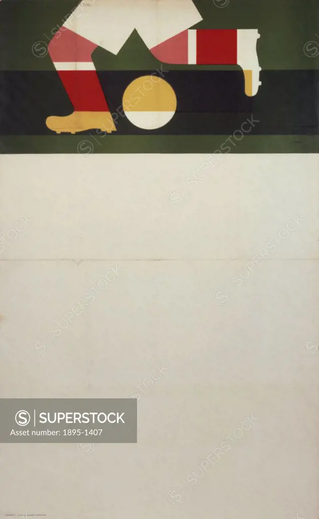 Stock poster produced for British Railways (BR), showing the stylised legs and feet of a footballer kicking a ball, with space below left blank for le...