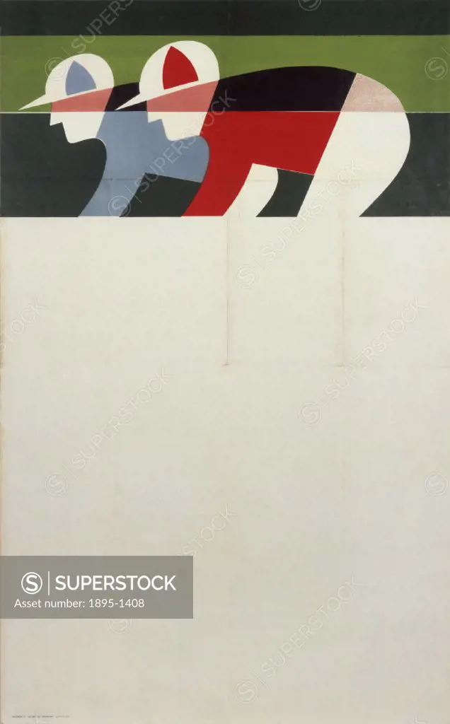 Stock poster produced for British Railways (BR) to promote rail services to the races. The illustration shows a stylised racing design incorporating t...