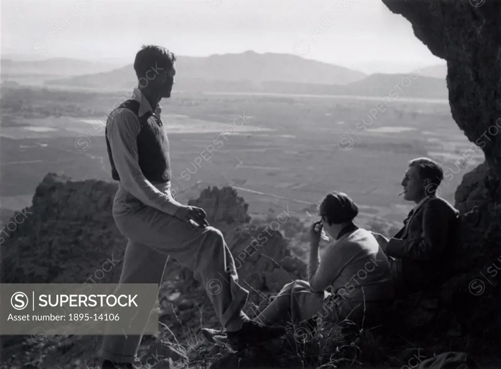Three ramblers admiring the view, USA, c 1930s.