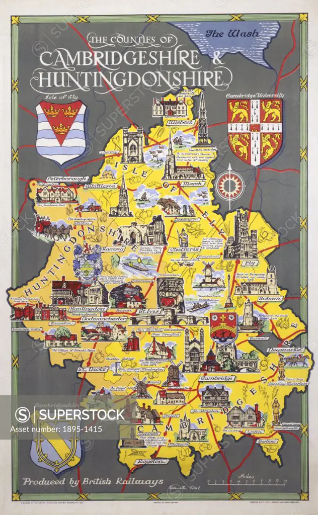 Poster produced for British Railways (Eastern Region) to promote rail travel within the counties of Cambridgeshire and Huntingdonshire. The poster sho...