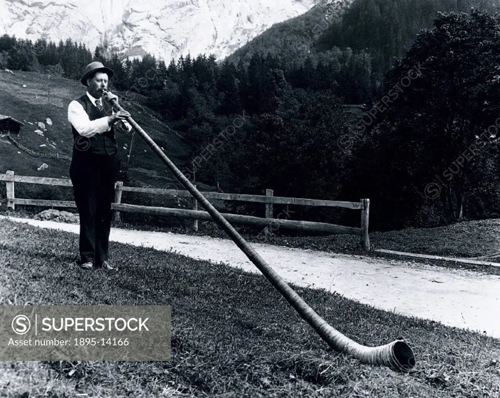 Alpine musician blowing his horn, c 1920s.Alphorns are believed to date back nearly two thousand years to Celtic tribes who settled in the northern Al...