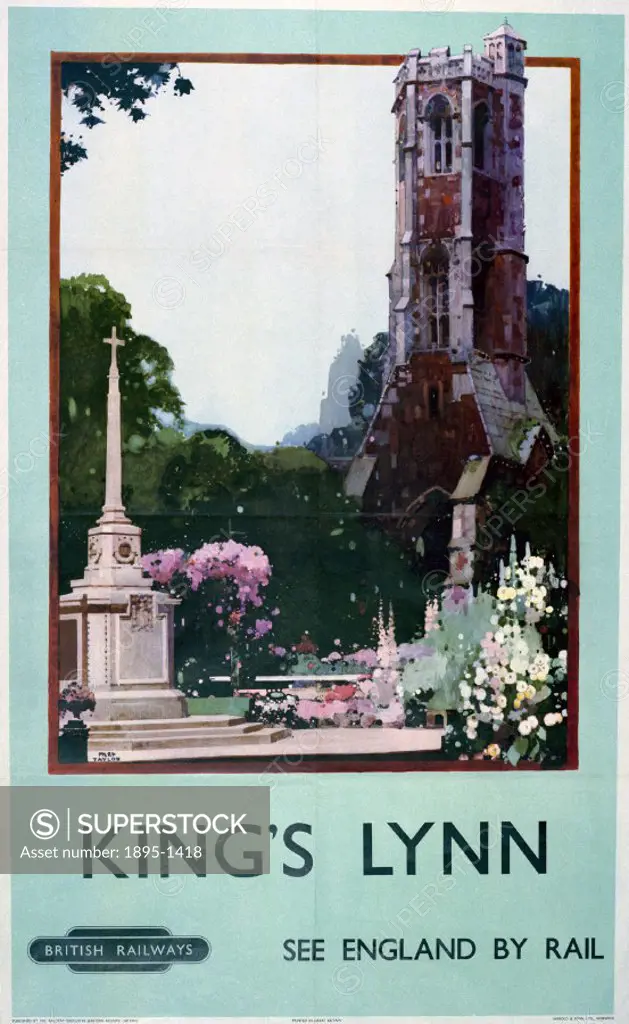 Poster produced for British Railways (BR) to promote rail travel to Kings Lynn, Norfolk. The poster shows one of the towns colossal spires rising in...