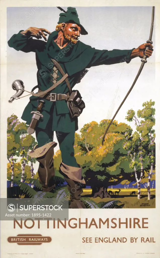 British Railways poster showing Robin Hood in Sherwood Forest. Artwork by Frank Newbould (1887- 1951). Newbold studied at Bradford College of Art, and...