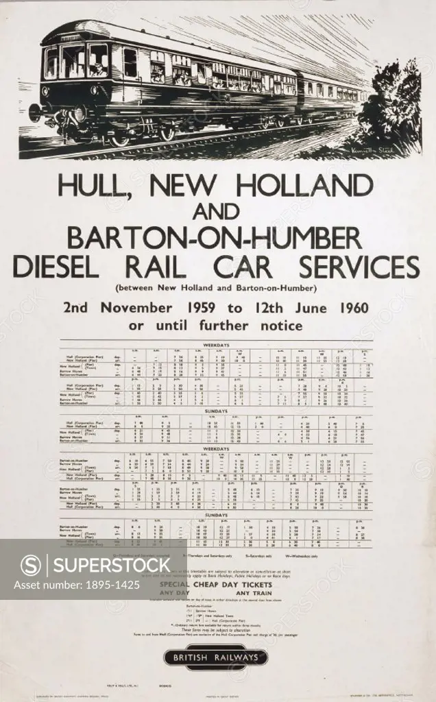 BR(ER) poster. Hull, New Holland and Barton-on-Humber Diesel Rail Car Services, 2 November 1959-12 June 1960, by Kenneth Steel