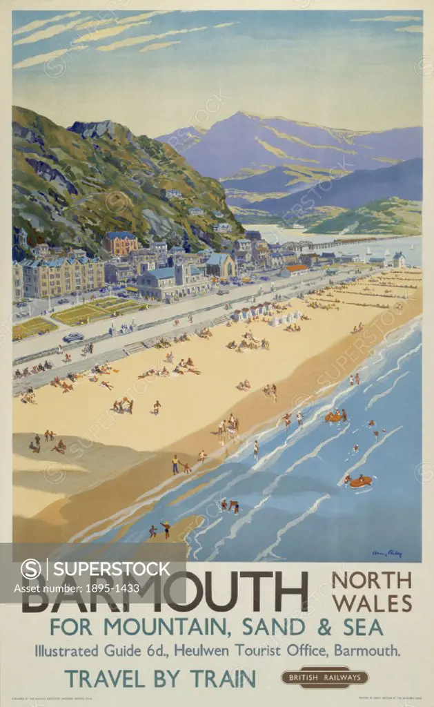 Poster produced for British Railways (BR) to promote rail travel to Barmouth, Gwynedd, North Wales. The poster shows a panoramic view of the mountains...