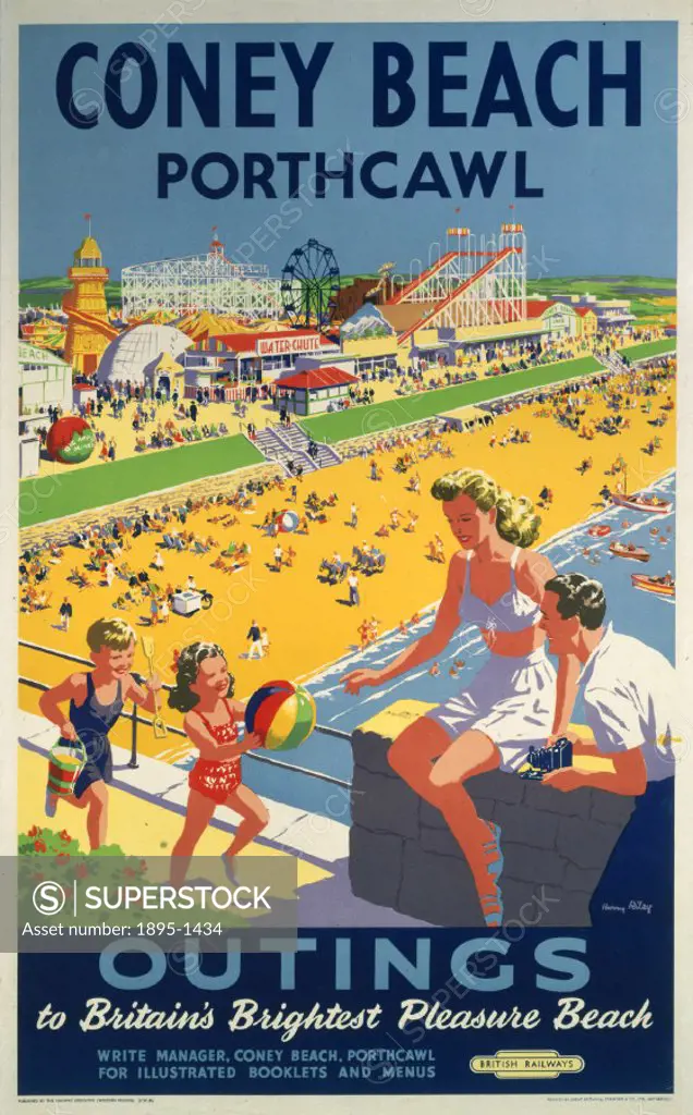 Poster produced for British Railways (BR) to promote train services to Coney Beach, Porthcawl. Artwork by Harry Riley.