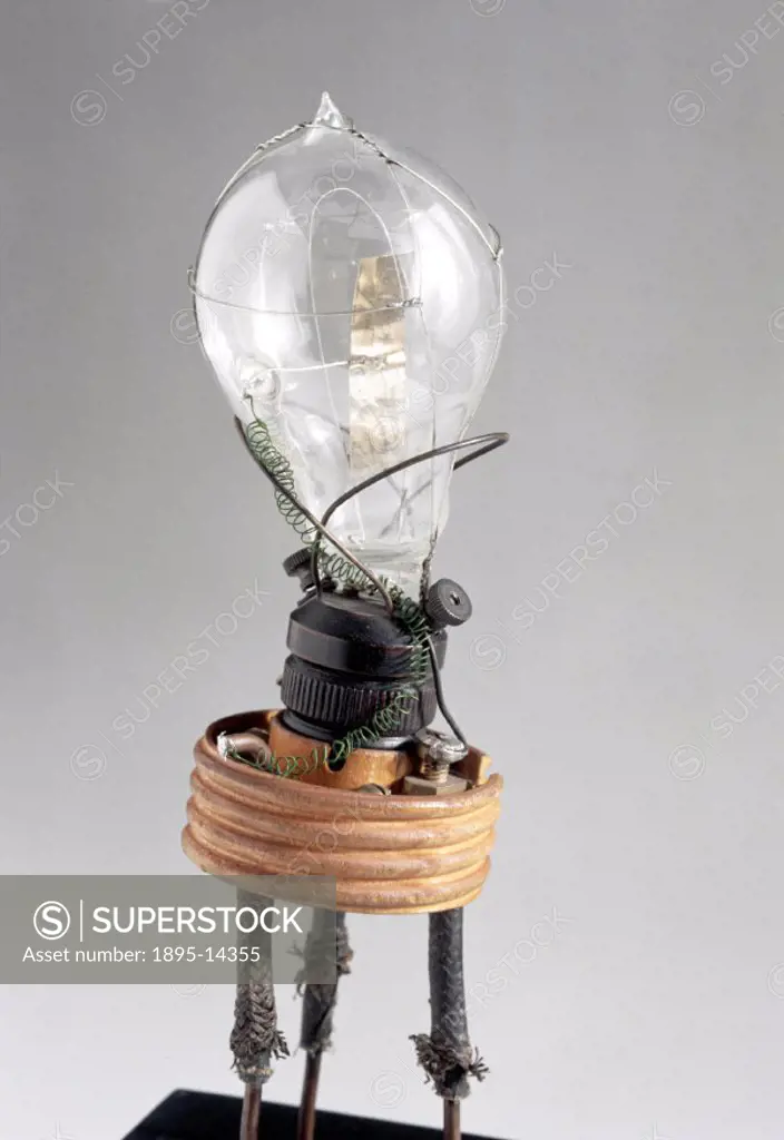 The original thermionic valve made by Sir John Ambrose Fleming (1849-1945) for experiments on an effect seen in early electric lamps. The source of cu...