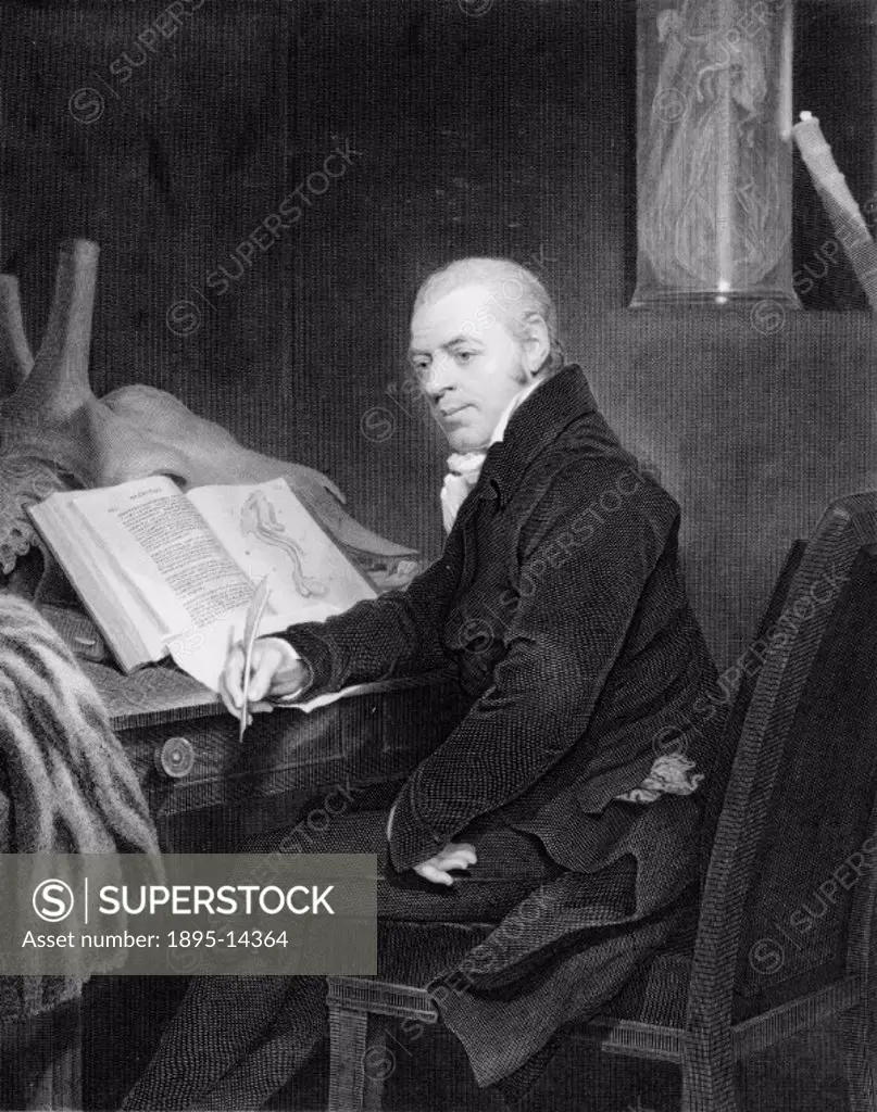 Engraving after a painting by Thomas Phillips. Brookes (1761-1833) is seated in front of a desk upon which there is an open copy of an anatomical atla...