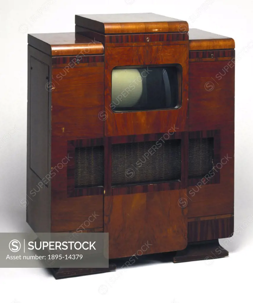 The cost of a television was comparable to the price of a saloon car during the 1930s. This complete home entertainment system from HMV (His Masters ...