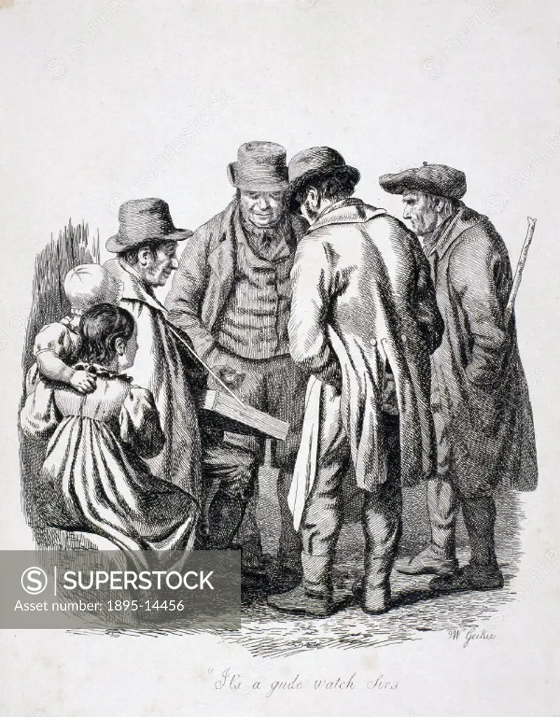 Etching by Scottish artist Walter Geikie (1795-1837) showing a watchseller surrounded by a small crowd, attempting to sell them his wares. One of a co...