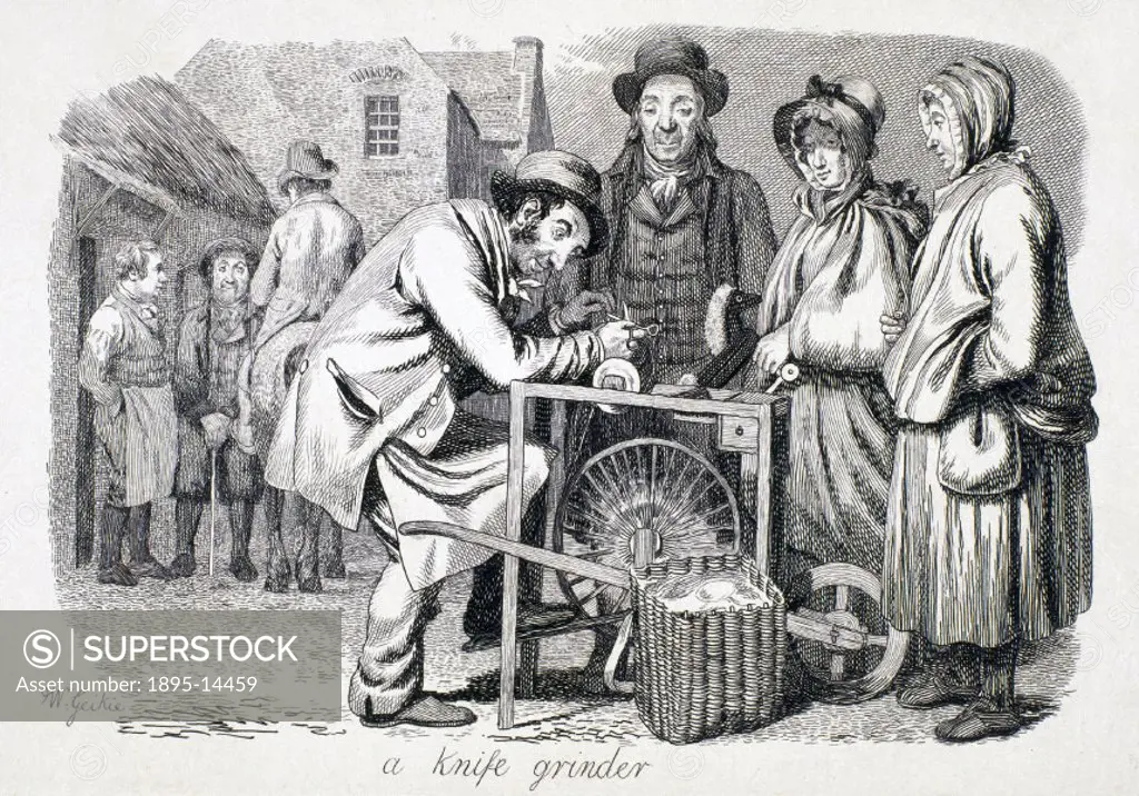 Etching by Scottish artist Walter Geikie (1795-1837) showing people waiting for the knife-grinder to sharpen their knives. One of a collection of work...