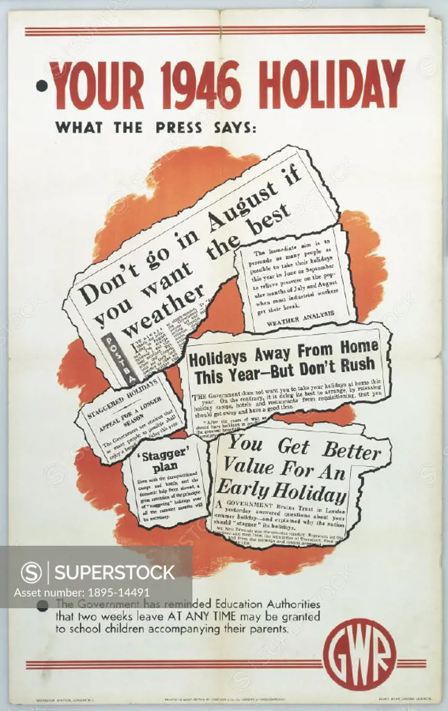 Poster produced for the Great Western Railway (GWR), showing a collection of press cuttings encouraging off peak holidays. Printed by Jordison Co Ltd,...