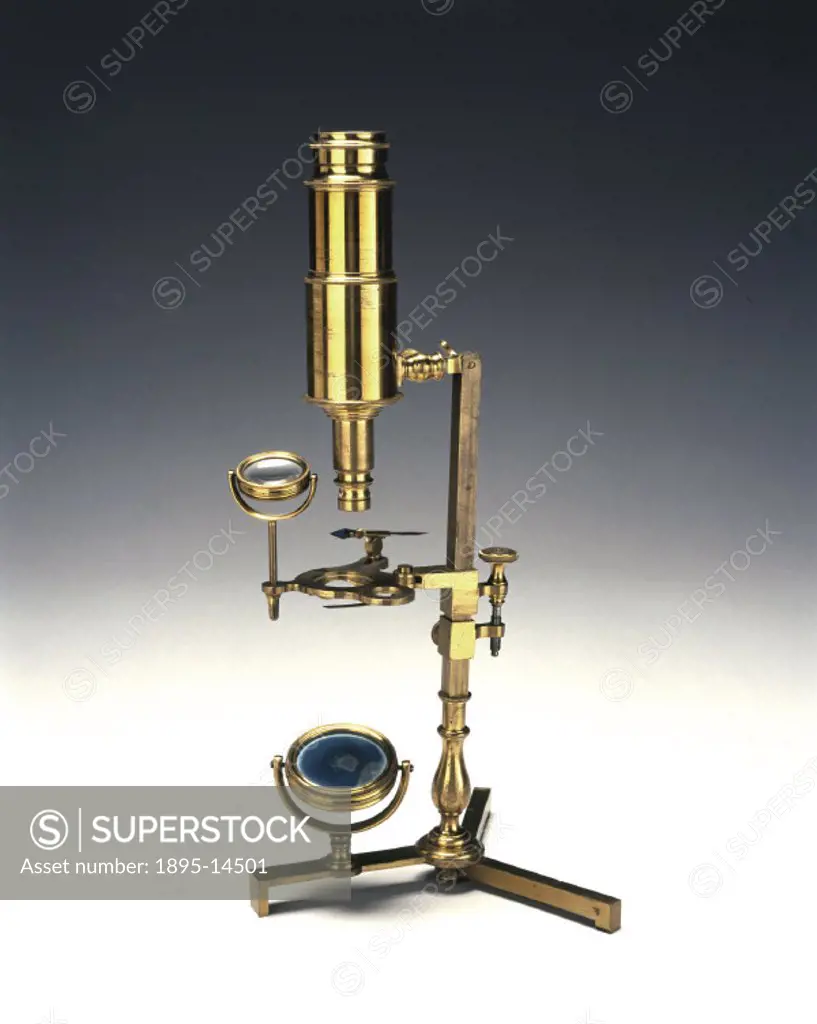 This compound microscope belonged to the 18th century English chemist, Joseph Priestley (1733-1804). It is made up of two short-focus convex lenses, t...