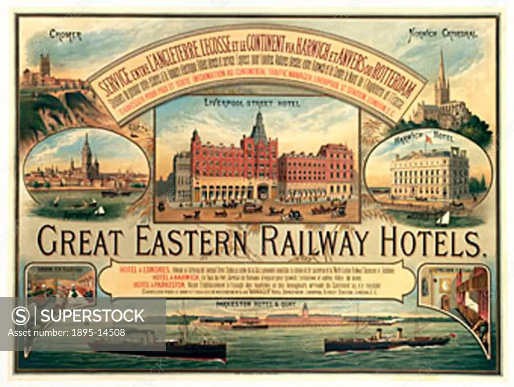 Poster produced for the Great Eastern Railway (GER), promoting its hotels in London, Harwich and Parkeston Quay, to continental visitors. The poster s...