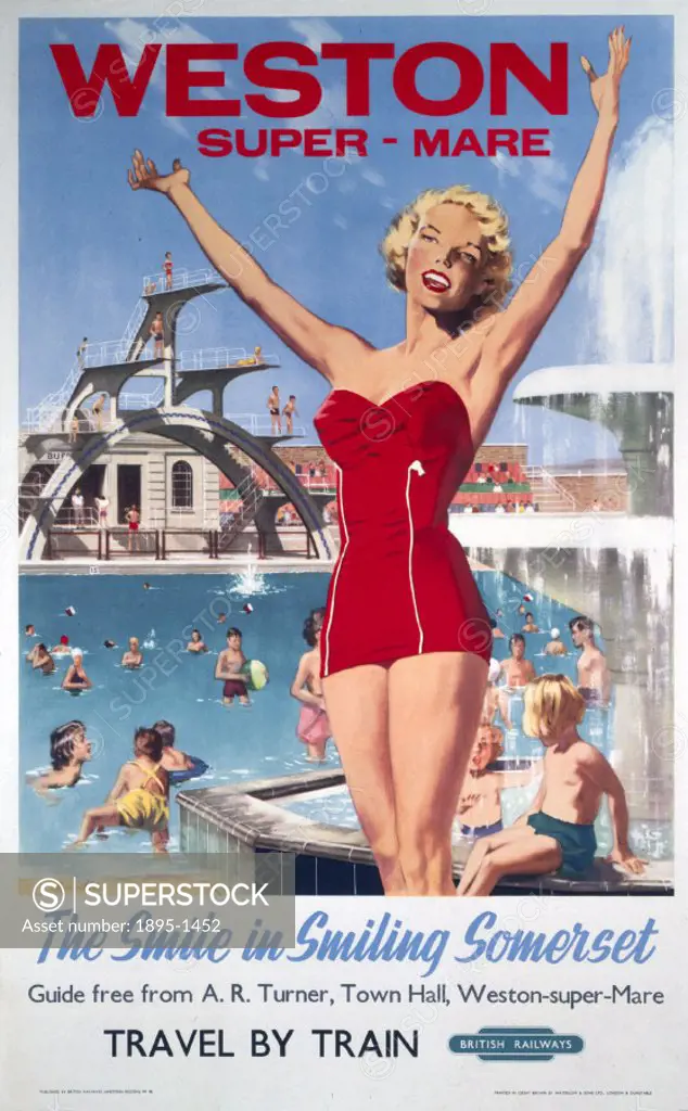 Poster produced by British Railways (BR) to promote rail services to Weston-super-Mare in Somerset. Artwork by Merville.