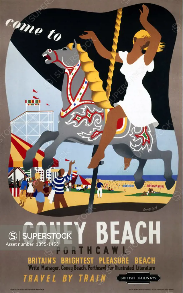 British Railways Western Region poster of Coney Beach, Porthcawl in Glamorgan. Artwork by Armengol.