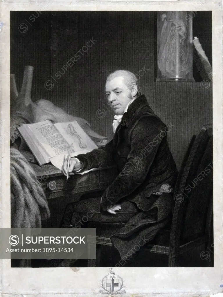 Line engraving after an original oil painting in the Hunterian Society Collection, showing Brookes (1761-1833) seated in front of a desk upon which is...