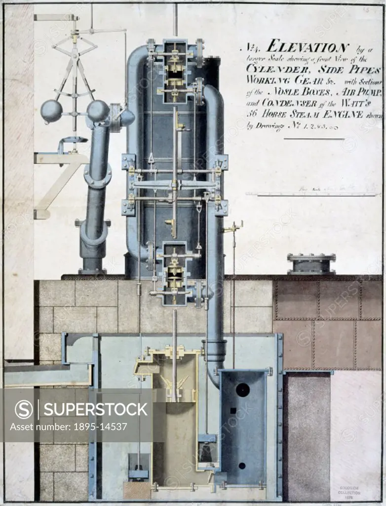Cross-section elevation drawing of a steam locomotive with a 56 horse power steam engine designed by James Watt (1736-1819). In the early 1820s, the r...