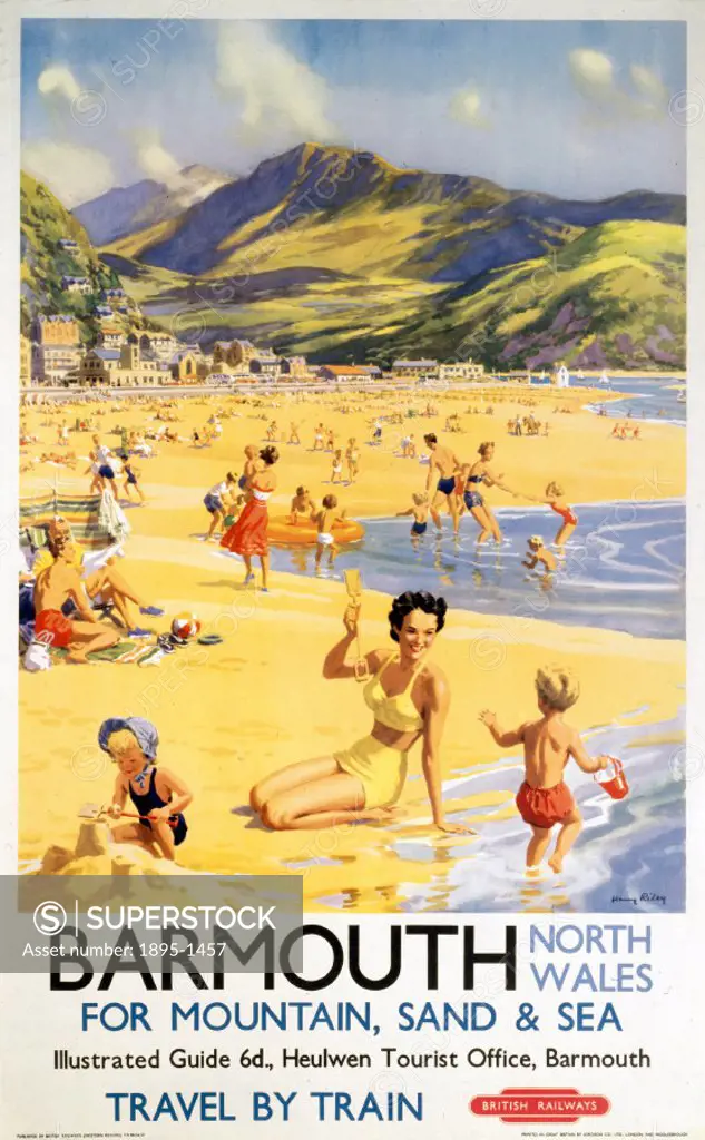 Poster produced by British Railways (BR) to promote train services to the coastal resort of Barmouth in Wales. Artwork by Harry Riley.