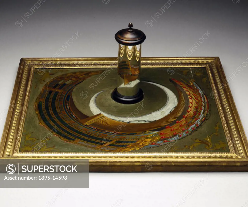An anamorphic painting, a composition that can only be viewed with a special mirror that restores the deformed image. This example was originally attr...