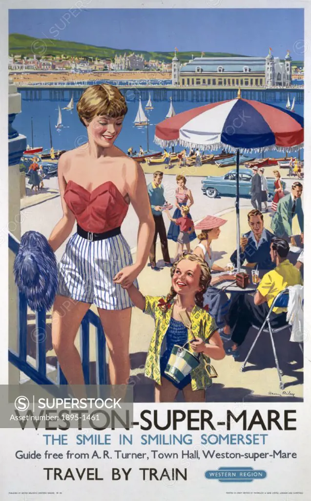 Poster produced by British Railways (BR) to promote train services to Weston-super-Mare, Somerset. Artwork by Harry Riley.