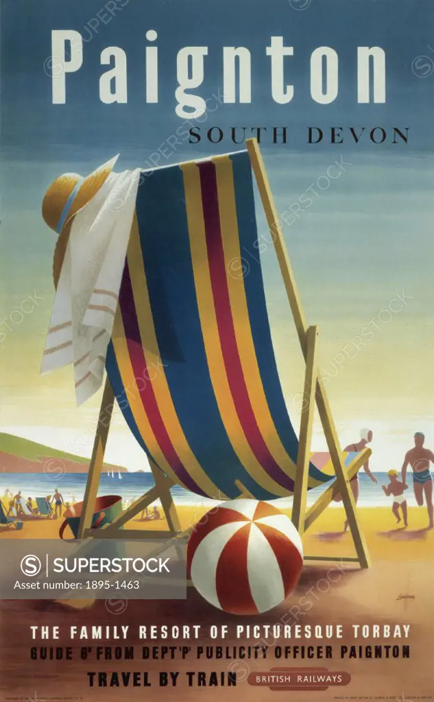 Poster produced for British Railways (BR) to promote rail travel to the seaside resort of Paignton in South Devon. The poster shows a deckchair, beach...