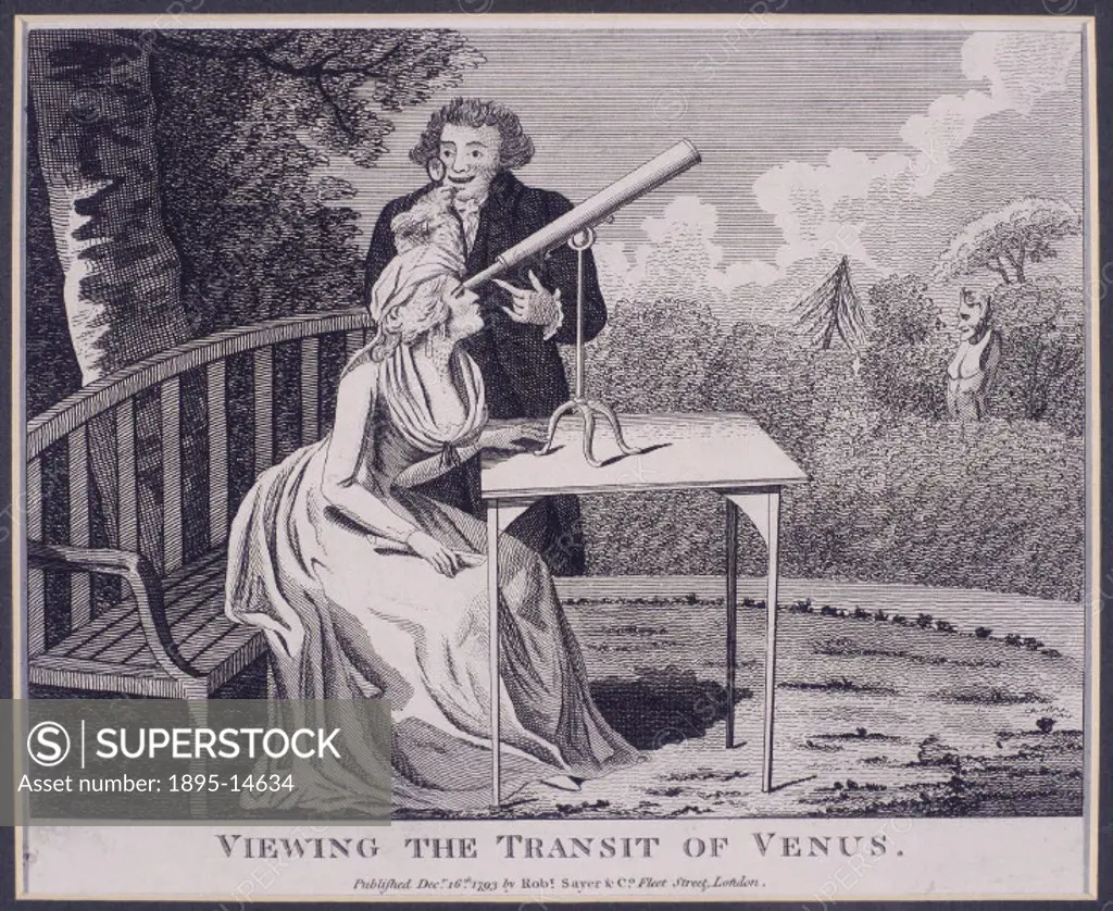 Engraving depicting a man and a woman observing the transit of Venus which occurred in 1769. The statue of Priapus behind the hedge, the angle of the ...