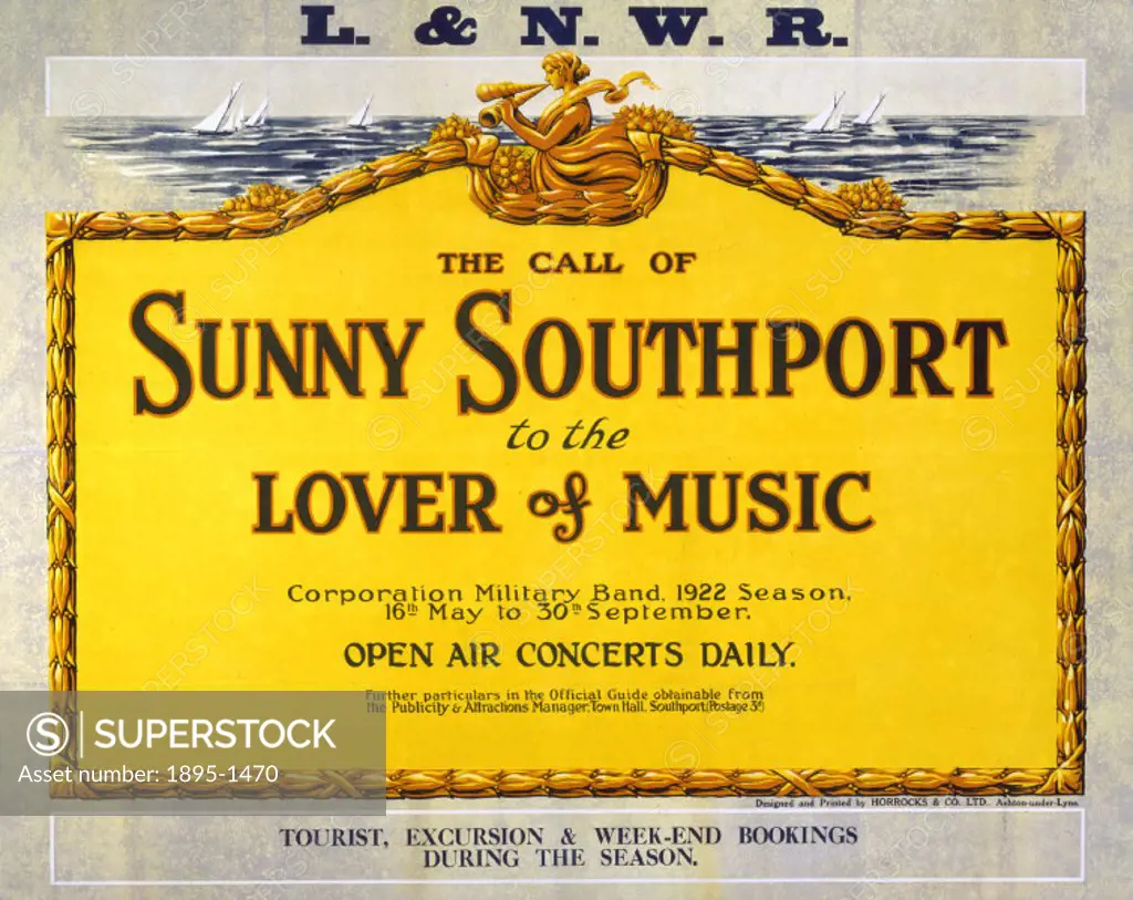 Poster produced for London & North Western Railway (LNWR) to promote train services to Southport, Merseyside for the open air concerts of the 1922 sea...