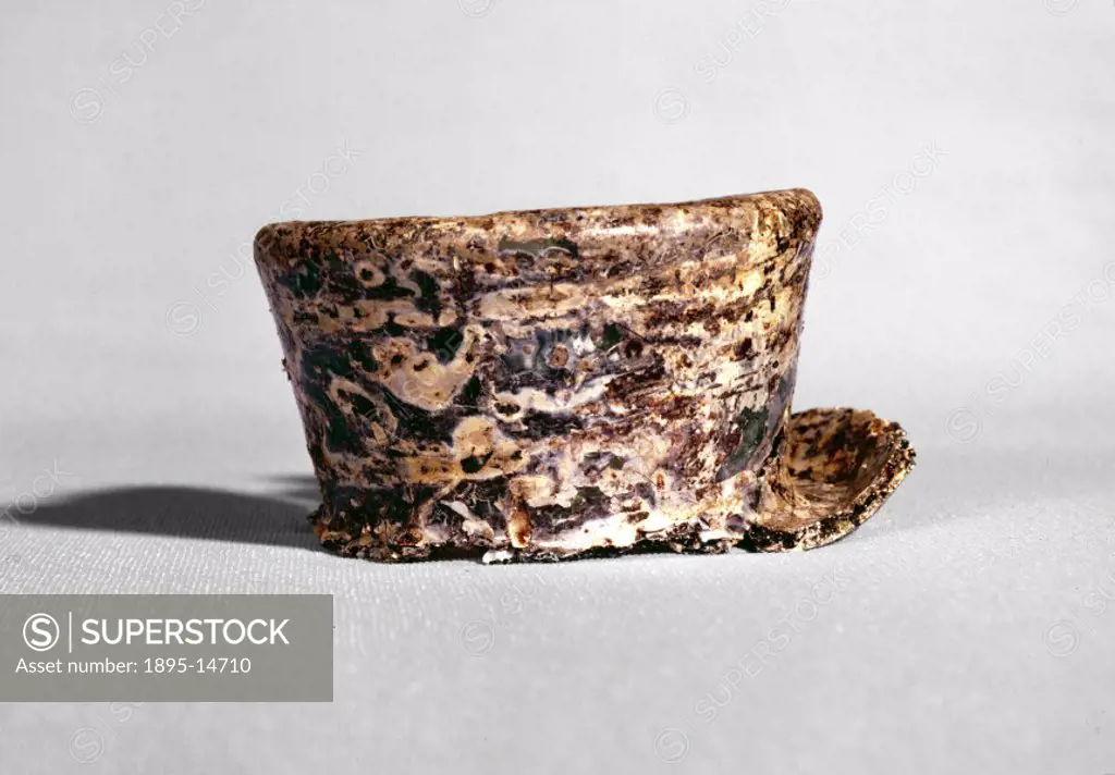A fragment of medieval glass distillation apparatus found at Selbourne Priory, Hampshire, excavated by the Inspectorate of Ancient Monuments, c 1965.