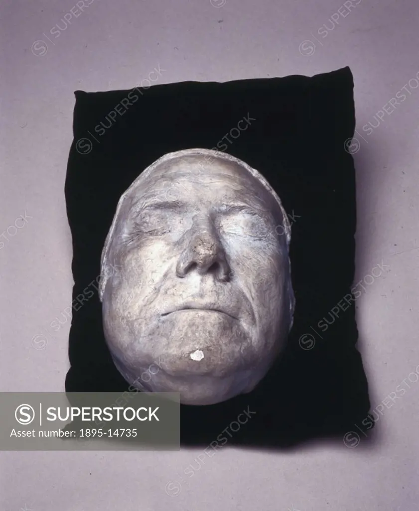 19th century copy of a life mask of John Hunter aged 60. The original mask was made by Sir Joshua Reynolds (1723-1792). The plaster copy is seen here ...
