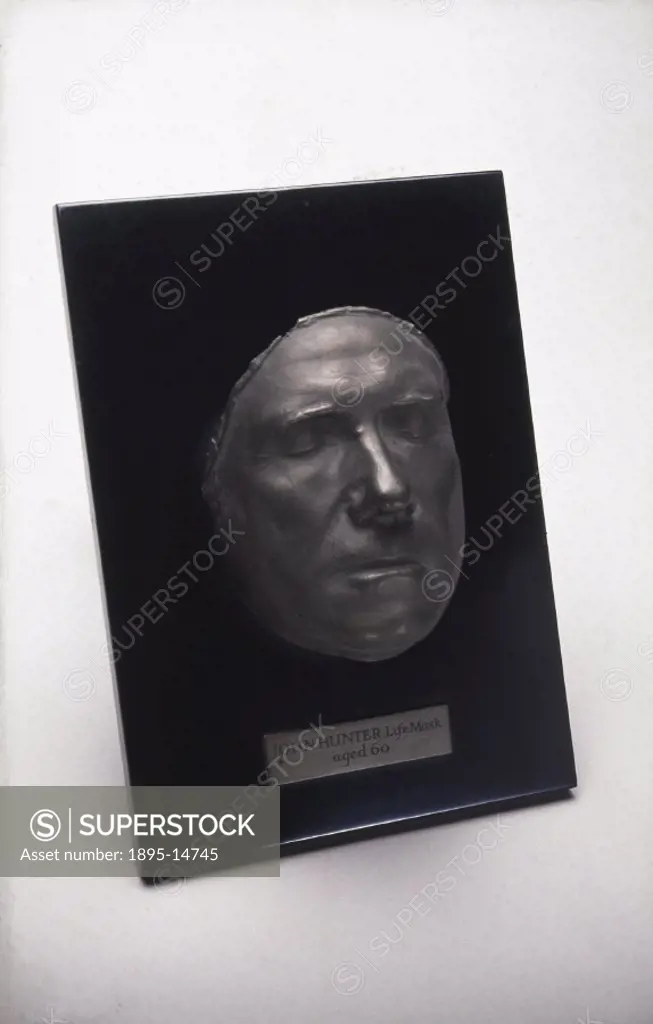 19th century copy of a life mask of John Hunter aged 60. The original mask was made by Sir Joshua Reynolds (1723-1792). The plaster copy is seen here ...