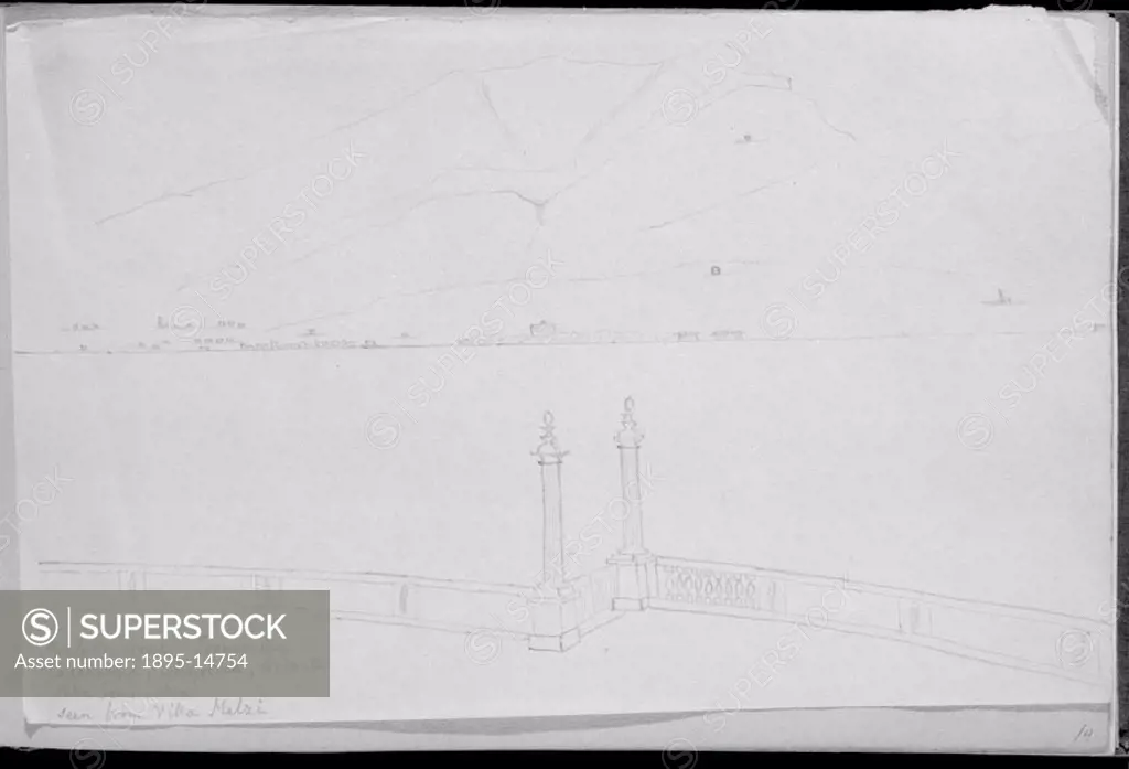 This pencil drawing is from a sketchbook by Fox Talbot. It depicts an Italian view with Monte Cressone in the distance and the balustrade of Villa Mel...