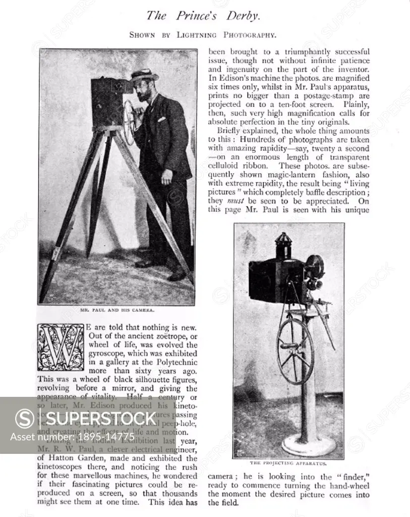 Photograph of an article in the Strand Magazine showing R W Paul (1869-1943) filming the Prince´s Derby. The article is reporting on Paul´s developmen...