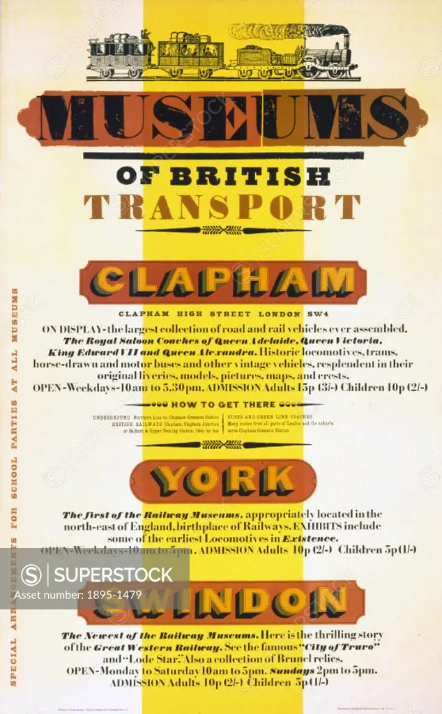 BR poster. Museums of British Transport - Clapham, York, Swindon, 1971.