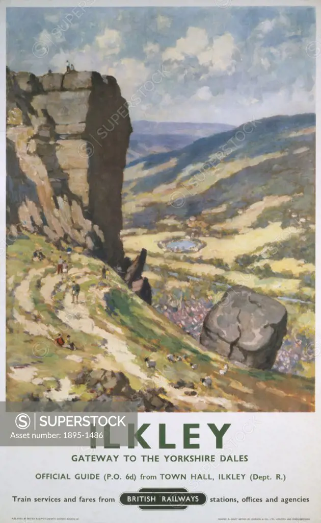 Poster produced for British Railways (BR) to promote rail travel to Ilkley, West Yorkshire, which is here promoted as the gateway to the Yorkshire Da...
