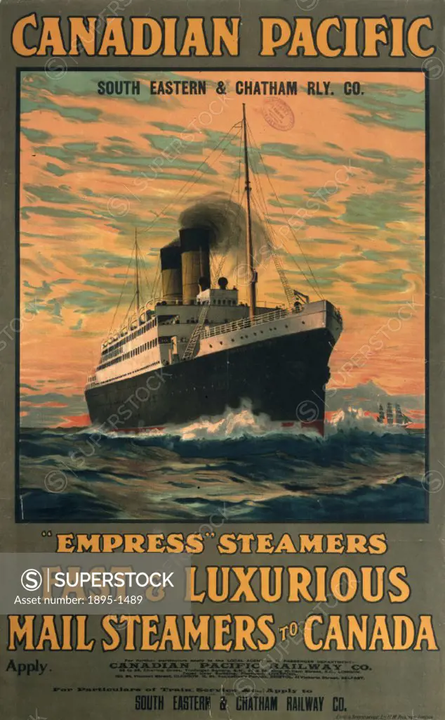 Poster produced by South Eastern & Chatham Railway (SECR) to promote the companys sea services on express mail steamers to Canada. Artwork by an unkn...