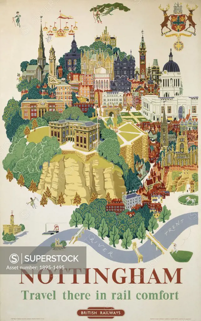 Poster produced for British Railways (BR) to promote rail travel to Nottingham, Nottinghamshire. The poster shows a schematic illustration of the anci...