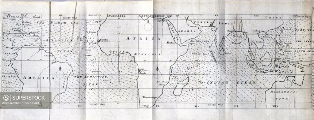 This map of the trade winds and monsoons in the seas of the tropics was drawn up by Edmond Halley (1656-1742), and is taken from ´Philosophical Transa...