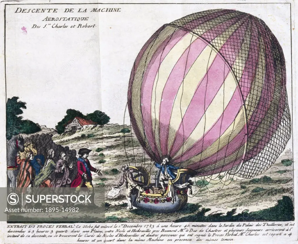 Coloured print entitled Descente de la Machine Aerostatique’, showing Charles and Robert’s balloon landing at Nesle-la-Vallee in France watched by a ...