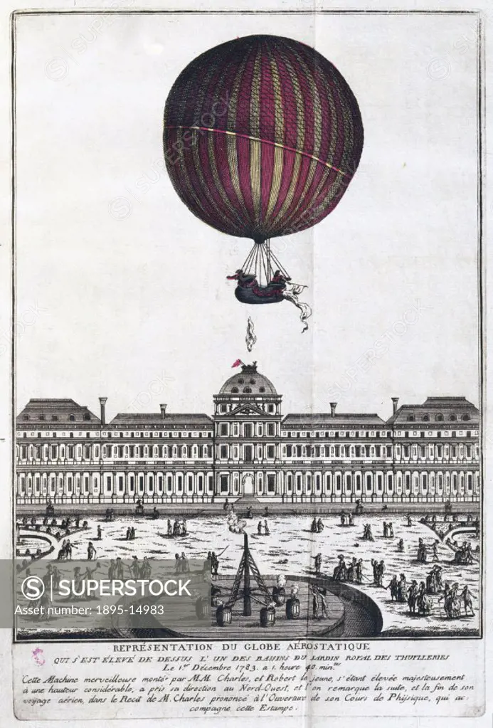Coloured print showing Charles and Roberts balloon ascent outside the Palace of the Tuilleries in Paris on 1 December 1783. Designed by Jacques Charl...