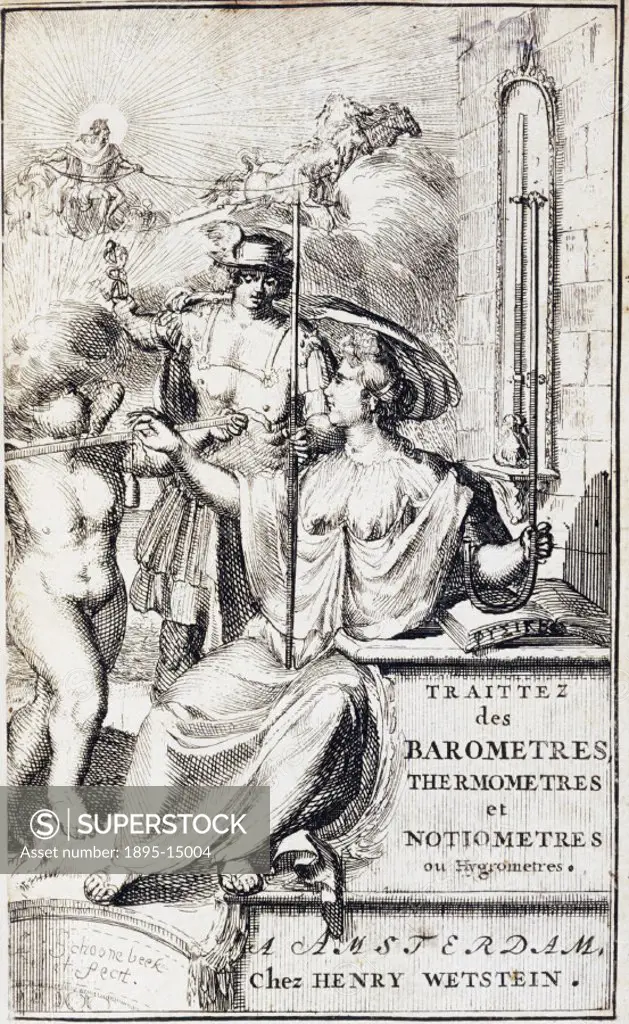 Title page, drawn and engraved by Schoonebeek, from ´Traittez des Barometres, Thermometres et Notiometres ou Hygrometres´ (1688) by Joachim d´Alence. ...