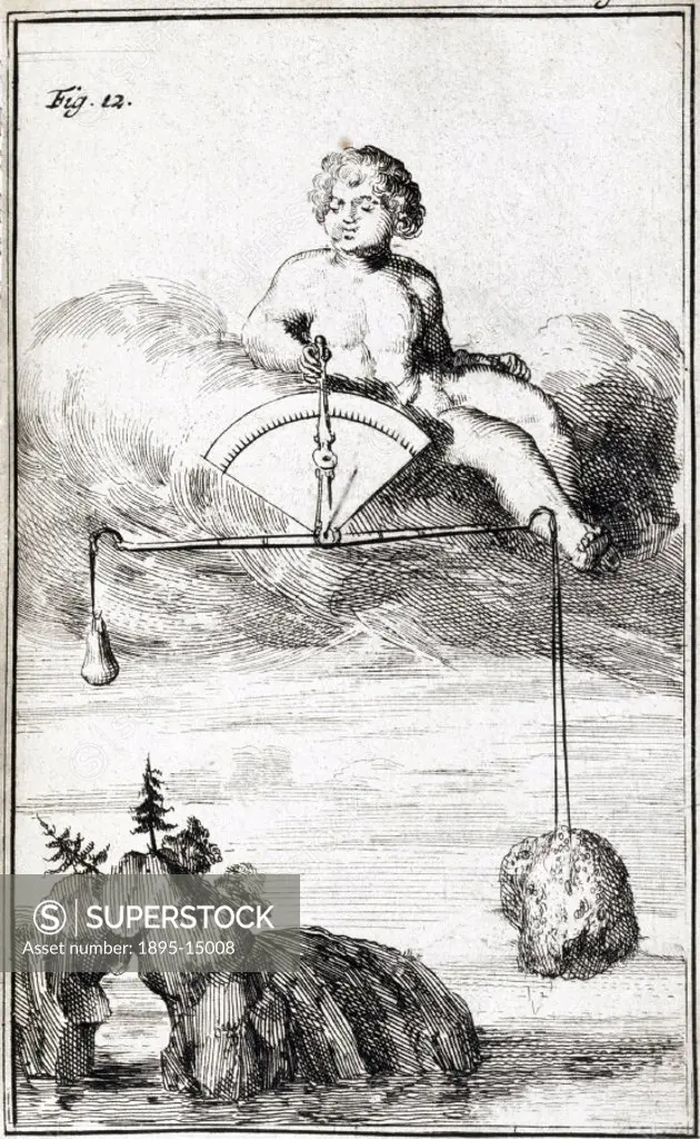 Plate from ´Traittez des Barometres, Thermometres et Notiometres ou Hygrometres´ (1688) by J D´Alence. Cupid is sitting on a cloud, measuring humidity...