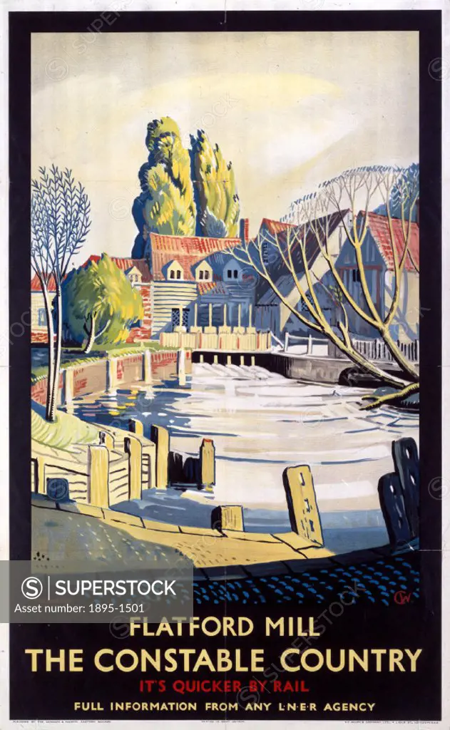 Poster produced by London & North Eastern Railway (LNER) to promote tran services to Suffolk, The Constable Country’. Artwork by C W.