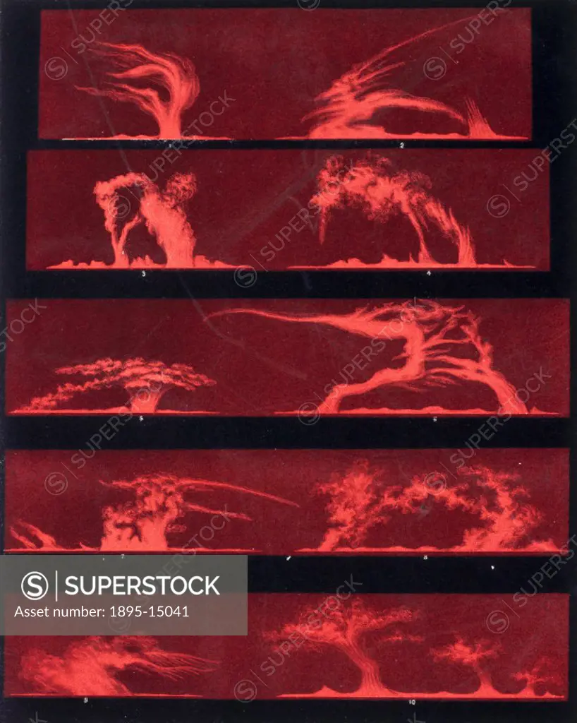 Lithographic colour print issued by Harvard College Observatory in 1876, showing ten sketches of solar prominences. Drawn in 1872 by Etienne Leopold T...